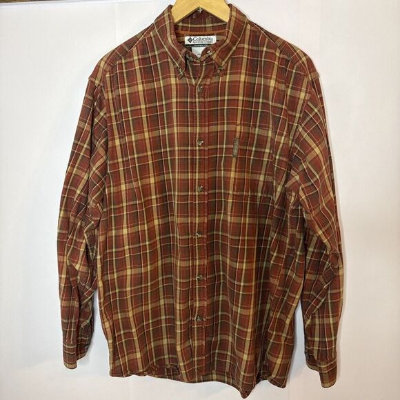 Columbia Men’s Med Flannel Shirt Red Orange Plaid Button Down Long Sleeve Grunge - Picture 2 of 6